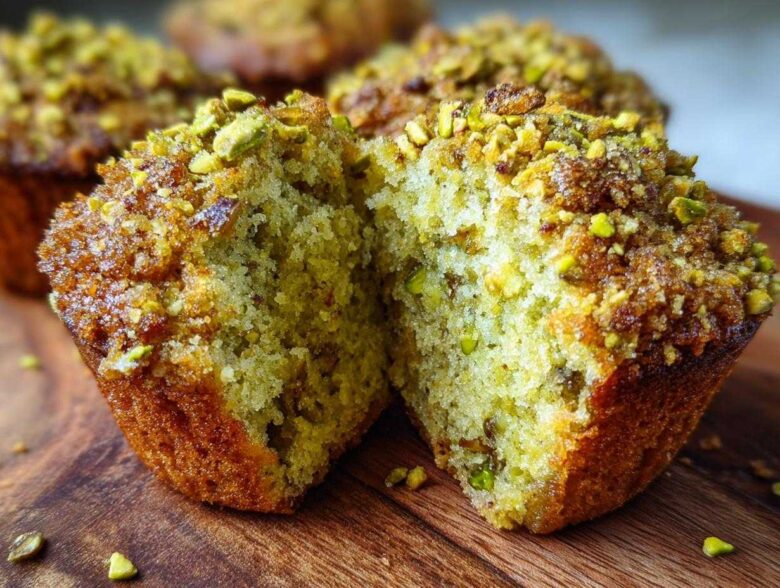 Close-up of a moist pistachio muffin cut in half, revealing the green crumb and crunchy pistachio topping.