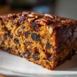 Close-up of a dense, moist slice of traditional fruit cake packed with raisins and topped with pecans.