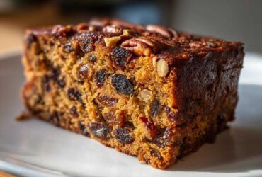 Close-up of a dense, moist slice of traditional fruit cake packed with raisins and topped with pecans.