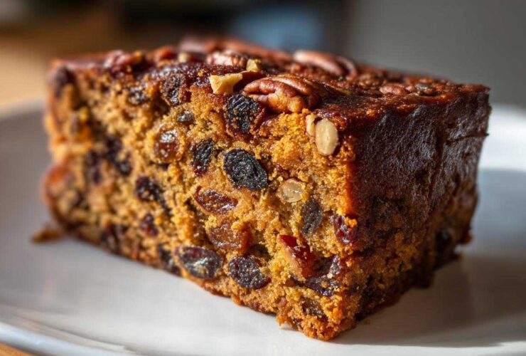 Close-up of a dense, moist slice of traditional fruit cake packed with raisins and topped with pecans.