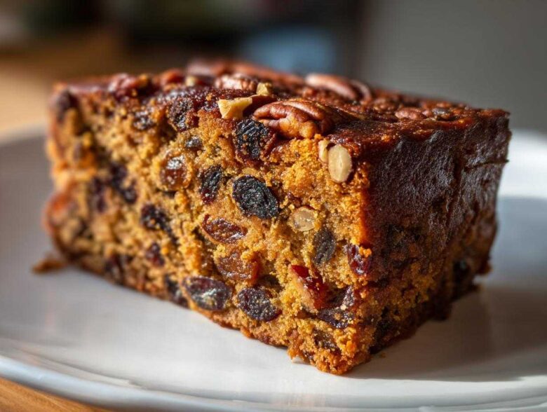 Close-up of a dense, moist slice of traditional fruit cake packed with raisins and topped with pecans.
