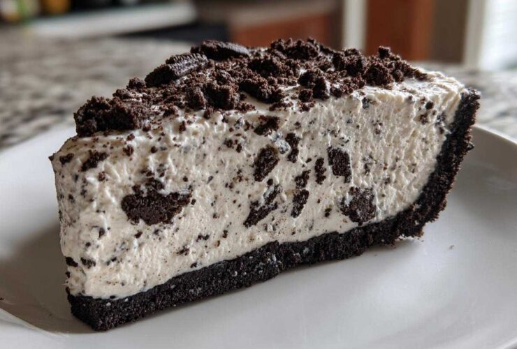 A thick slice of creamy no-bake oreo pie with a dark chocolate crust and topped with crushed oreos.