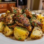 A close-up of perfectly roasted garlic parmesan chicken and potatoes garnished with fresh parsley.