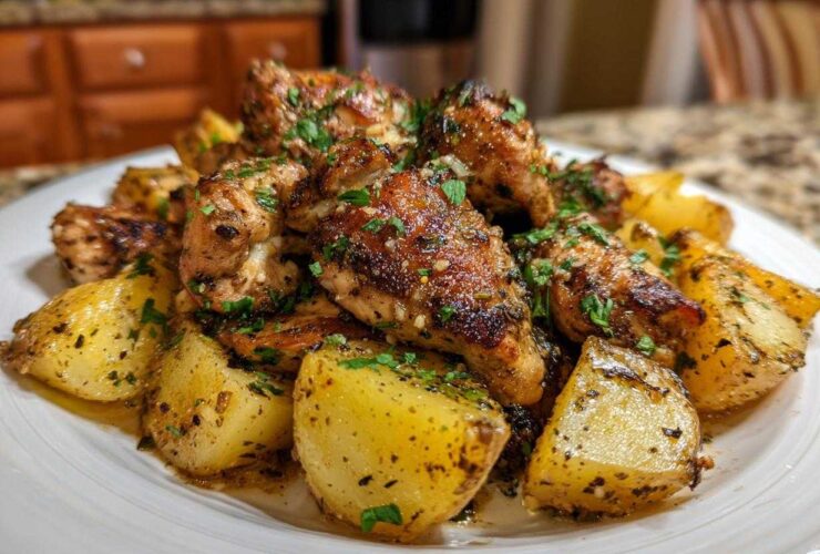 A close-up of perfectly roasted garlic parmesan chicken and potatoes garnished with fresh parsley.