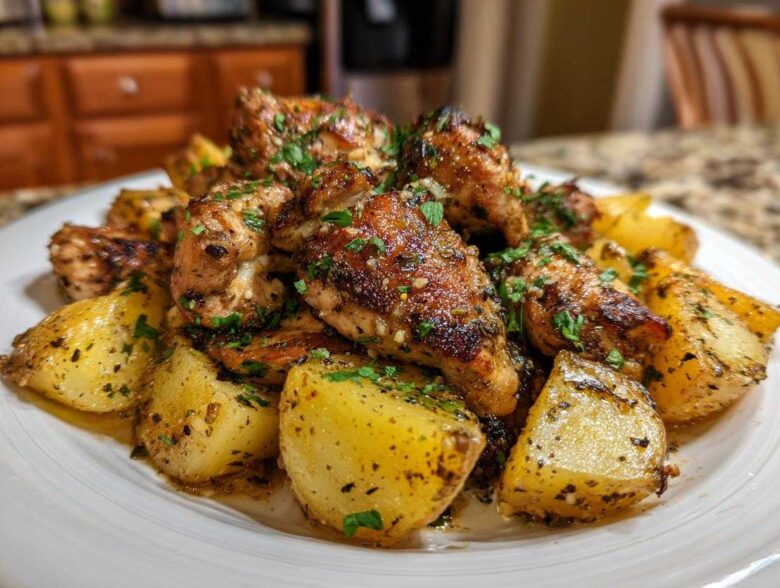 A close-up of perfectly roasted garlic parmesan chicken and potatoes garnished with fresh parsley.