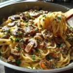 Close-up of creamy mushroom pasta being lifted from a skillet with a wooden spoon, garnished with fresh parsley.