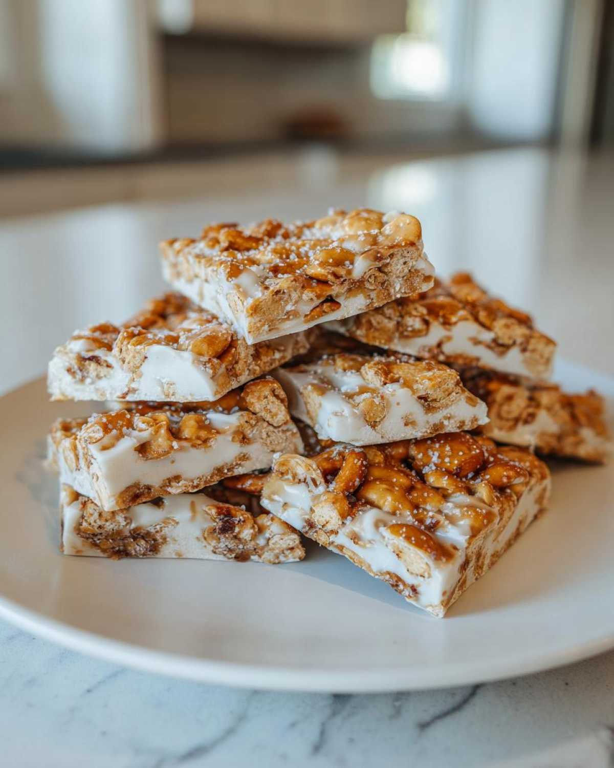 A stack of homemade peanut butter pretzel bark squares with a white base and crunchy topping, displayed on a white plate.