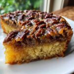 Close-up of a moist slice of pecan upside down cake showing the buttery cake base and sticky, caramelized pecan topping.