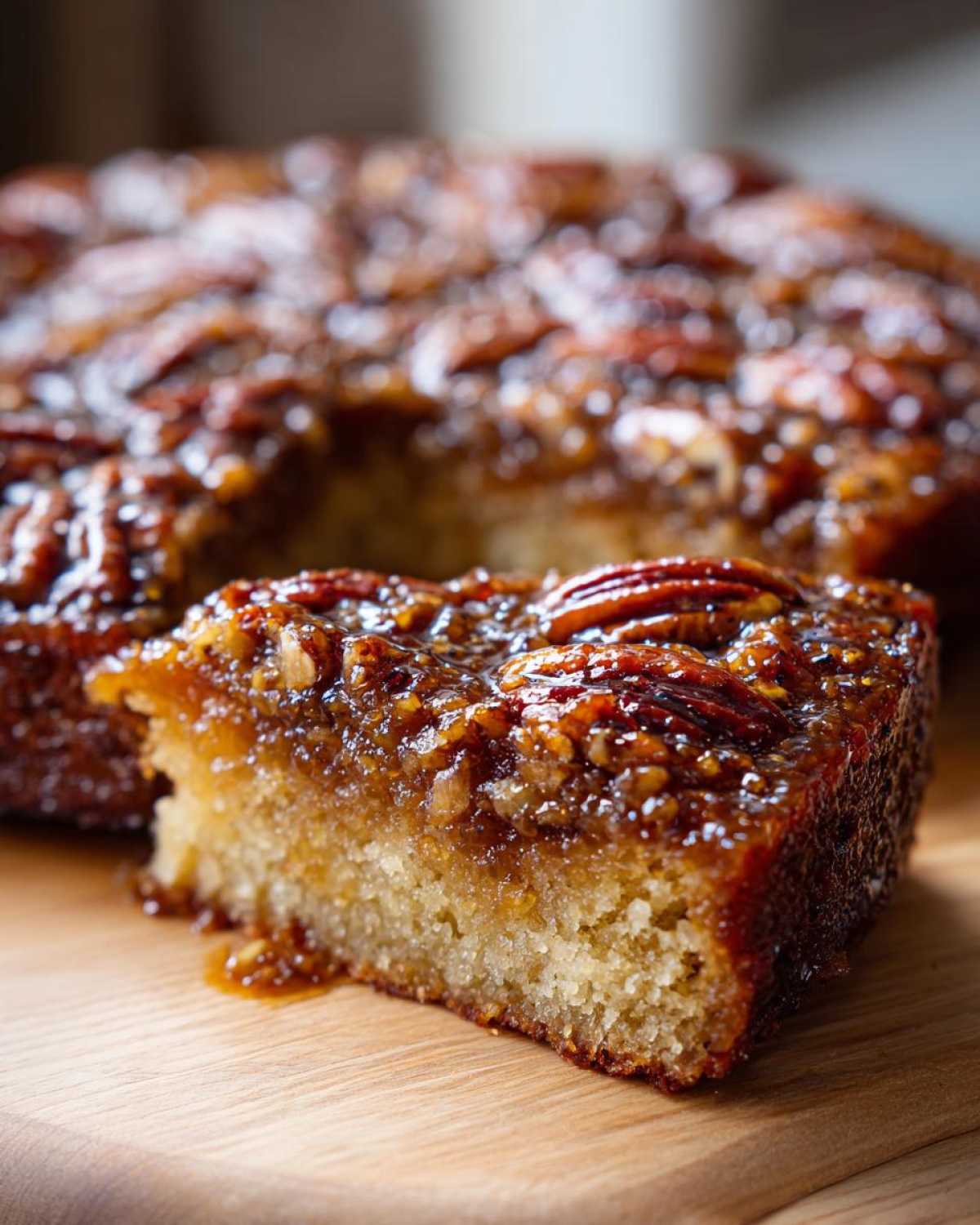 A close-up slice of rich pecan upside down cake with a sticky, caramelized pecan topping.
