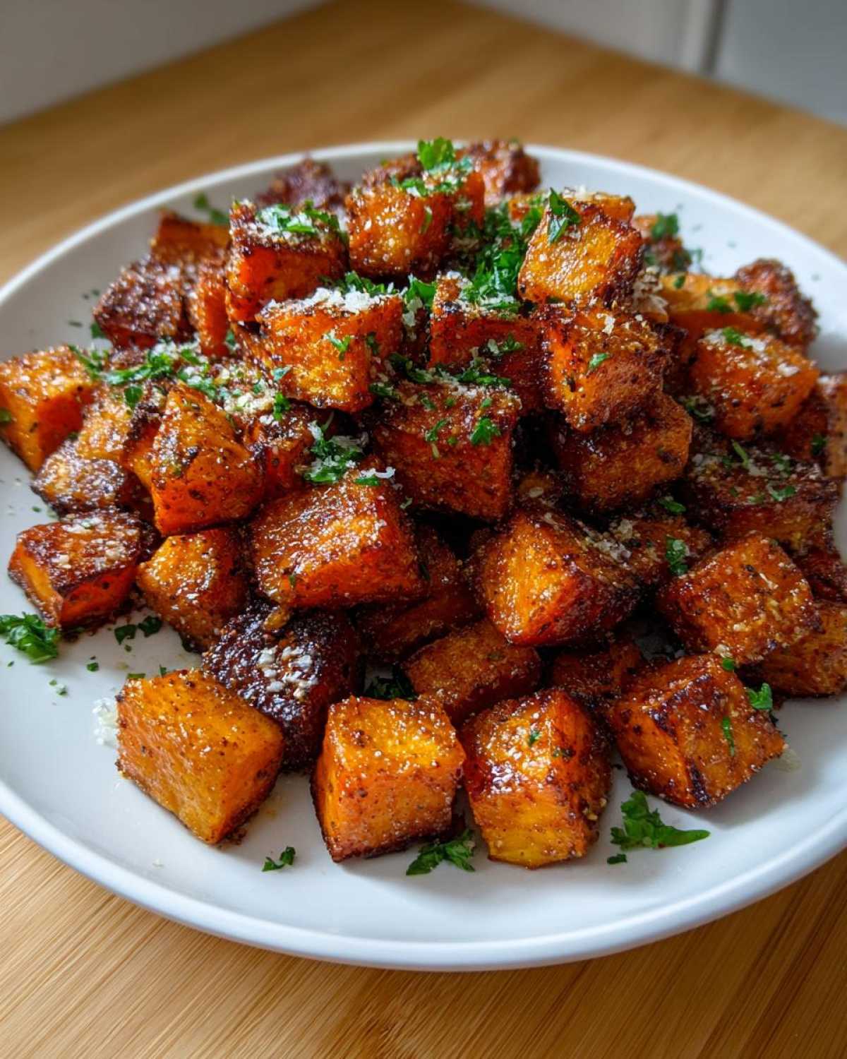 A white plate piled high with perfectly seasoned roasted sweet potato cubes, sprinkled with parsley and Parmesan.