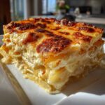 A thick, square serving of creamy potatoes au gratin with a deeply browned, cheesy crust.
