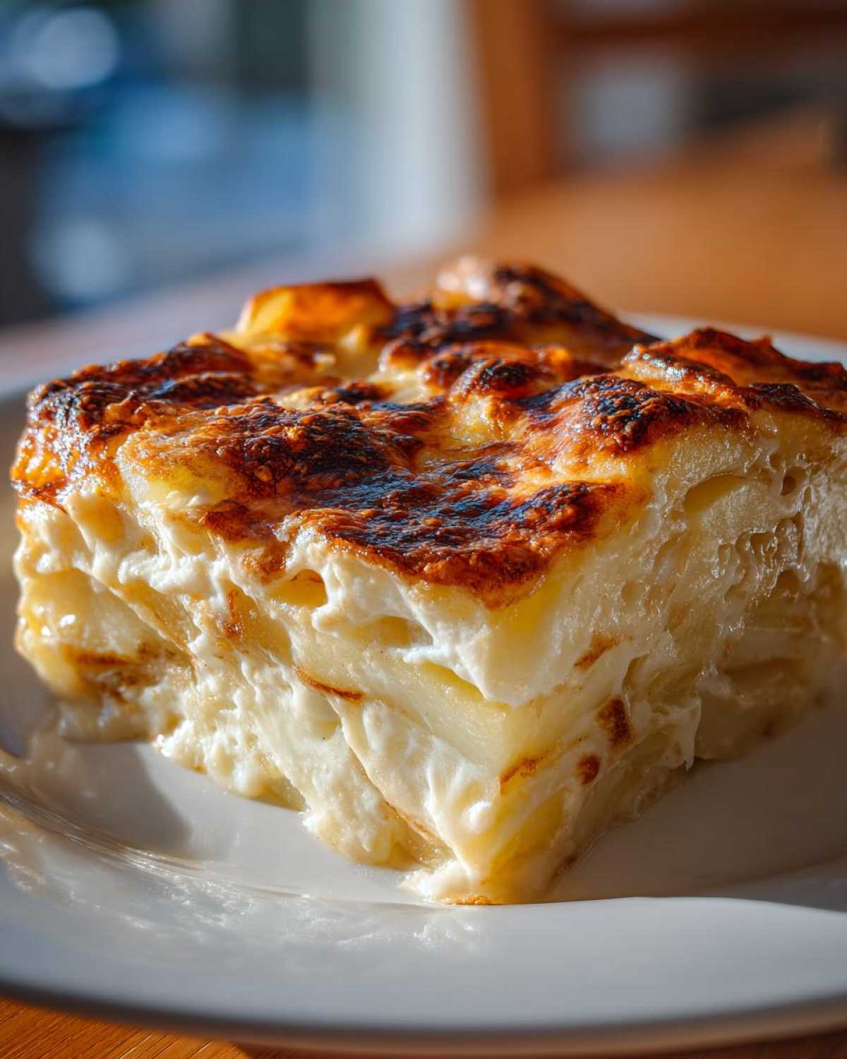 A rich, square slice of creamy potatoes au gratin showing layers of potato and sauce, with a deeply browned, cheesy crust.