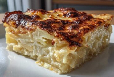 A close-up of a rich, creamy slice of potatoes au gratin showing layered potatoes and a deeply browned, cheesy crust.