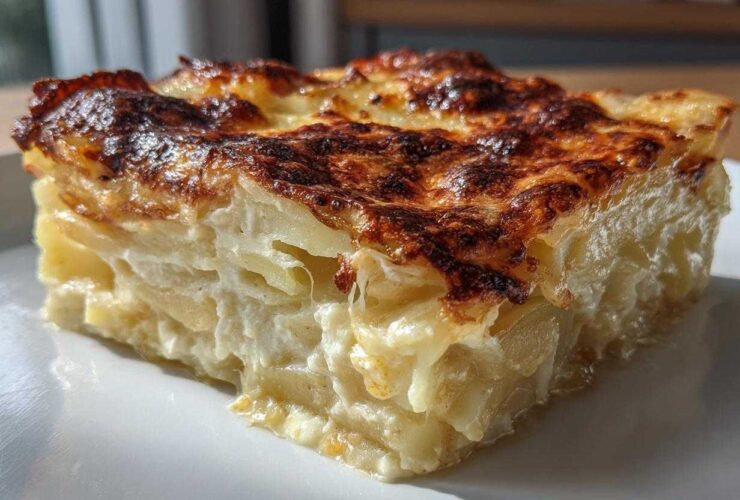 A close-up of a rich, creamy slice of potatoes au gratin showing layered potatoes and a deeply browned, cheesy crust.