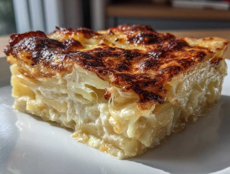 A close-up of a rich, creamy slice of potatoes au gratin showing layered potatoes and a deeply browned, cheesy crust.