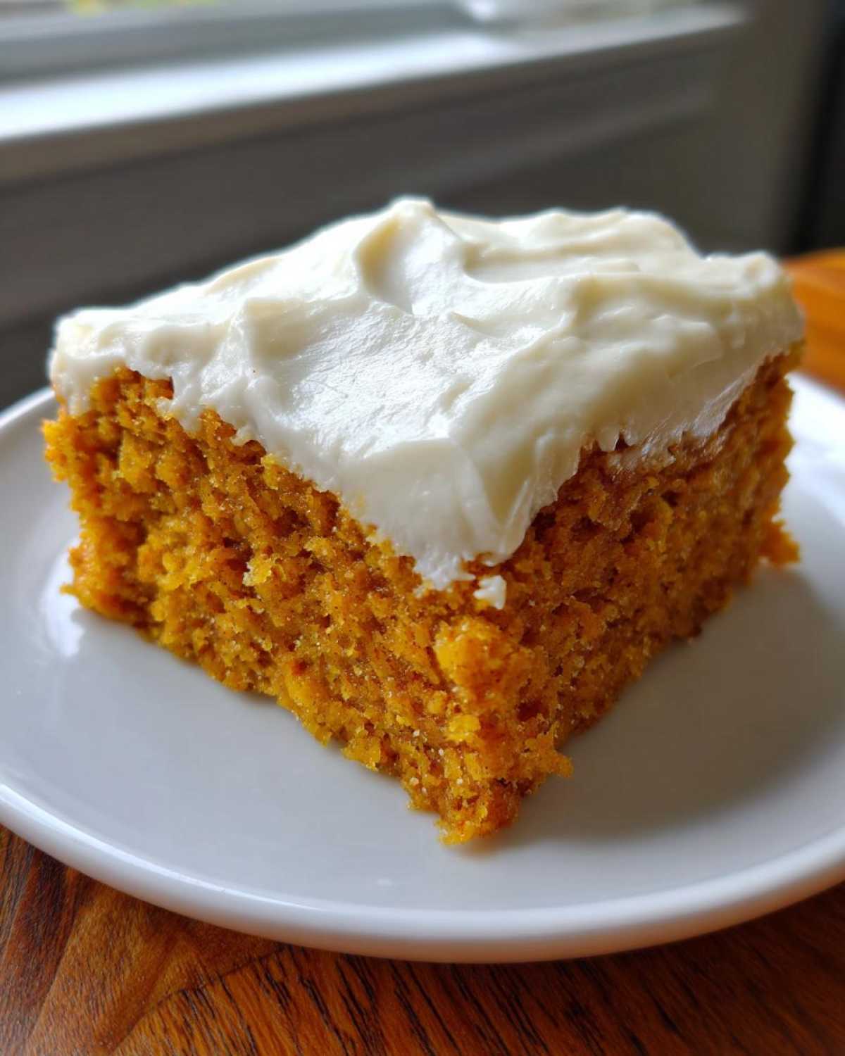 A close-up of a moist, orange slice of pumpkin bars with cream cheese frosting on a white plate.