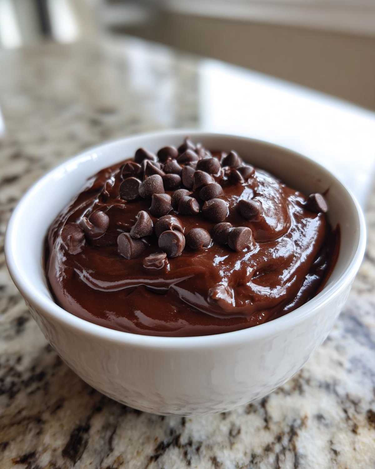 A close-up of rich, dark brownie batter dip in a white bowl, topped generously with semi-sweet chocolate chips.