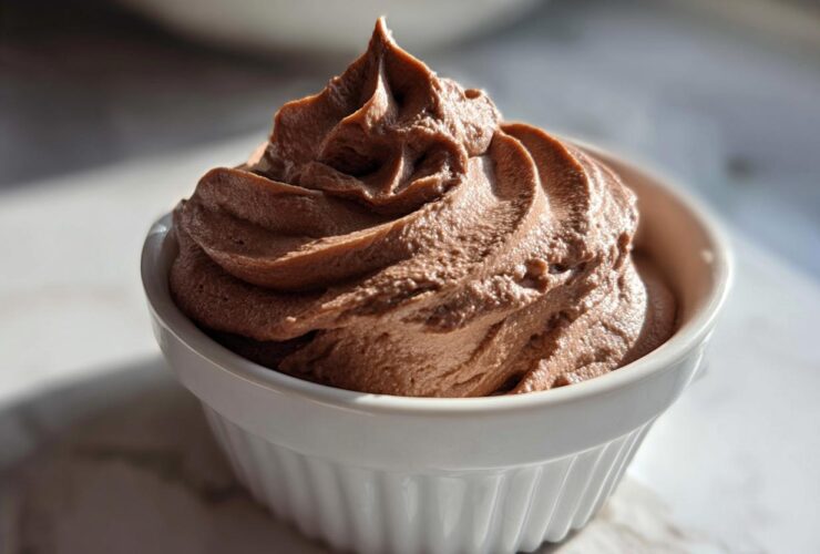 A close-up of rich, airy chocolate mousse piped high in a white ramekin dish.