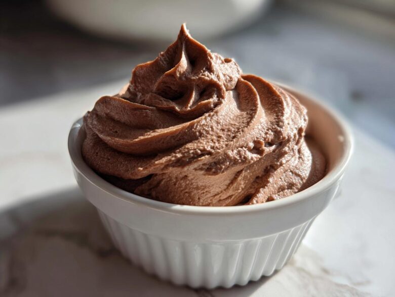 A close-up of rich, airy chocolate mousse piped high in a white ramekin dish.