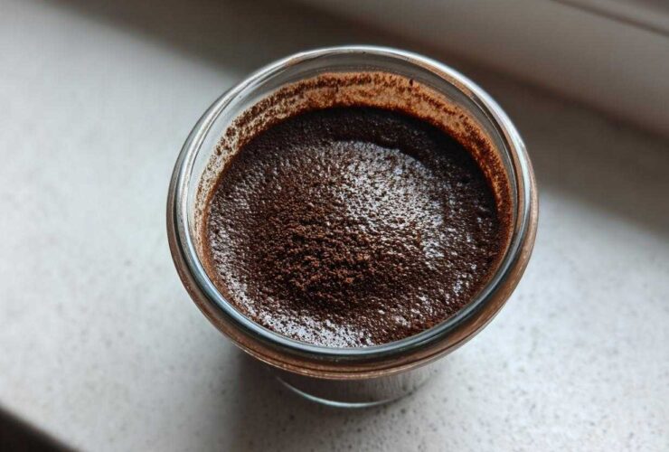 Overhead close-up of rich homemade chocolate pudding dusted with cocoa powder in a small glass jar.