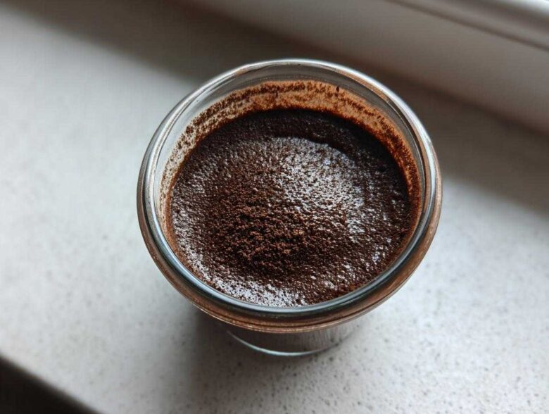 Overhead close-up of rich homemade chocolate pudding dusted with cocoa powder in a small glass jar.