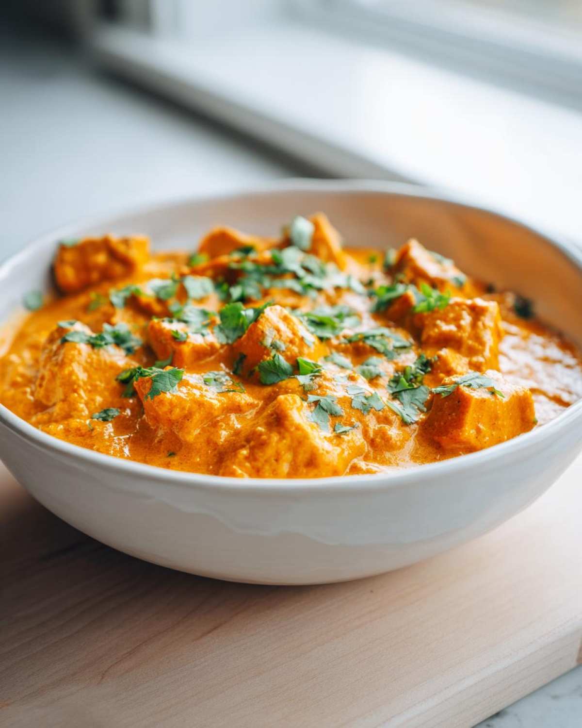 Close-up of a creamy, vibrant orange pumpkin curry served in a white bowl, garnished with fresh cilantro.