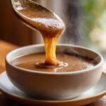 A spoonful of thick, steaming turkey gravy is being poured into a bowl of more rich turkey gravy.