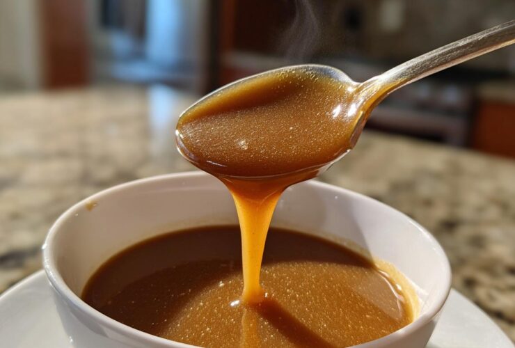 Close-up of rich, brown turkey gravy steaming as it drips from a spoon back into a white bowl.