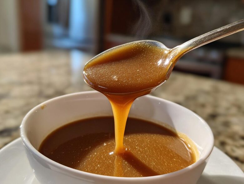 Close-up of rich, brown turkey gravy steaming as it drips from a spoon back into a white bowl.