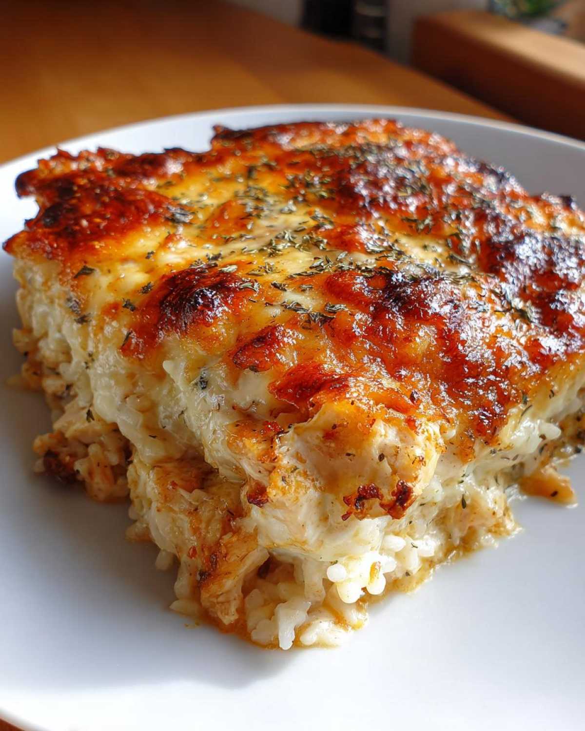 A close-up of a square serving of baked chicken and rice casserole with a golden, bubbly cheese topping.