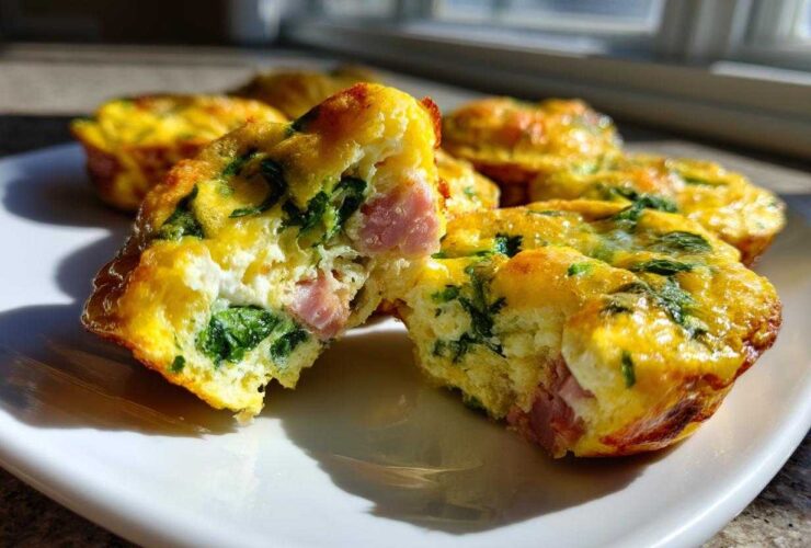 A savory egg muffin, cut in half to show ham and spinach filling, ready for meal prep.