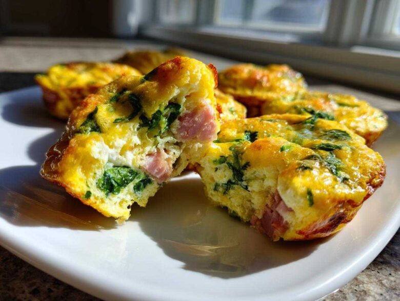 A savory egg muffin, cut in half to show ham and spinach filling, ready for meal prep.