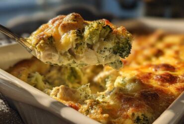 A spoonful of creamy Chicken Divan casserole, featuring broccoli florets and melted, browned cheese topping.