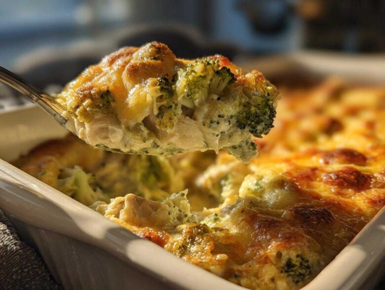 A spoonful of creamy Chicken Divan casserole, featuring broccoli florets and melted, browned cheese topping.
