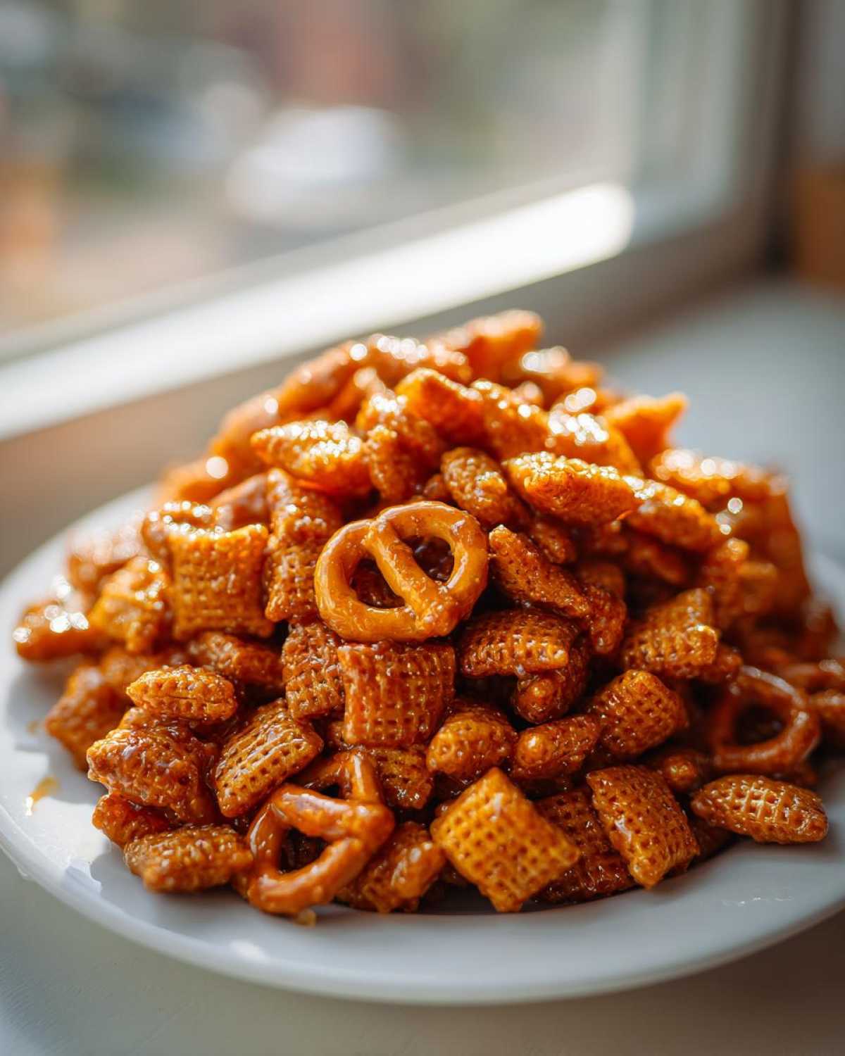 A close-up pile of glossy, caramel-coated toffee chex mix recipe featuring square cereal pieces and small pretzels.