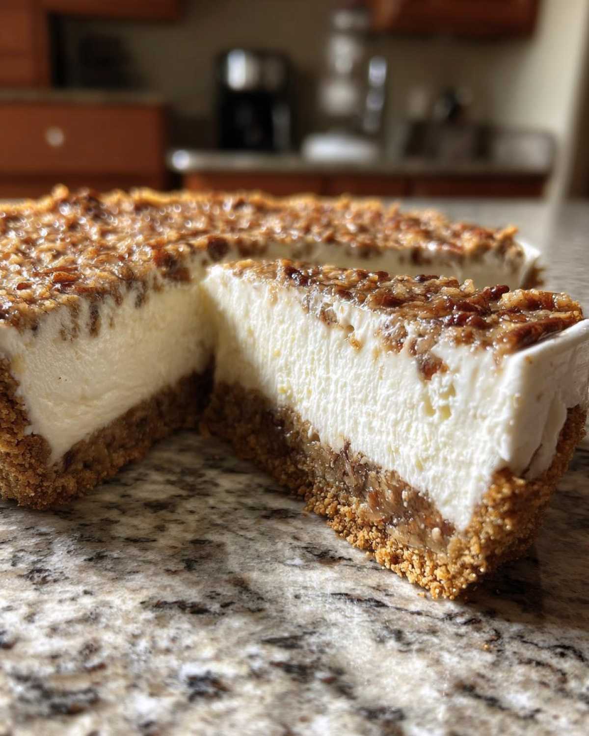 Close-up of a slice of pecan cream pie showing a thick, creamy white filling and a pecan topping on a graham cracker crust.