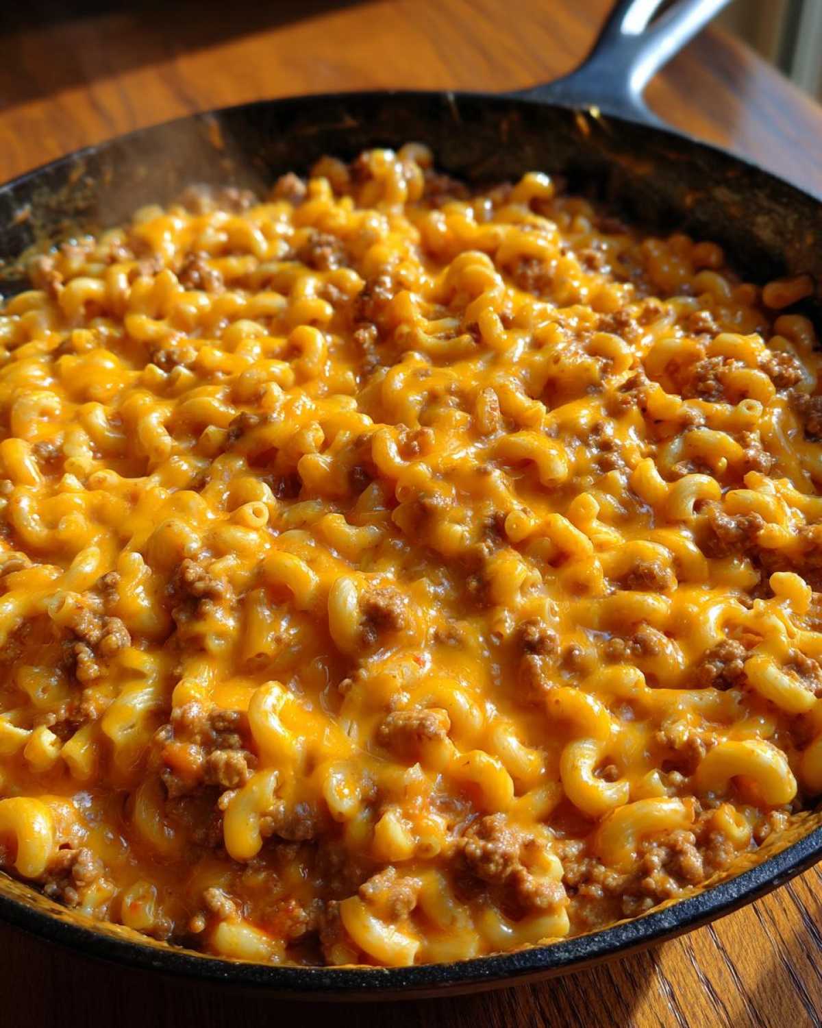 Close-up of creamy, cheesy homemade hamburger helper made with elbow macaroni and ground beef in a cast iron skillet.