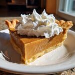 A perfect slice of rich, golden butterscotch pie topped with a generous swirl of fresh whipped cream.
