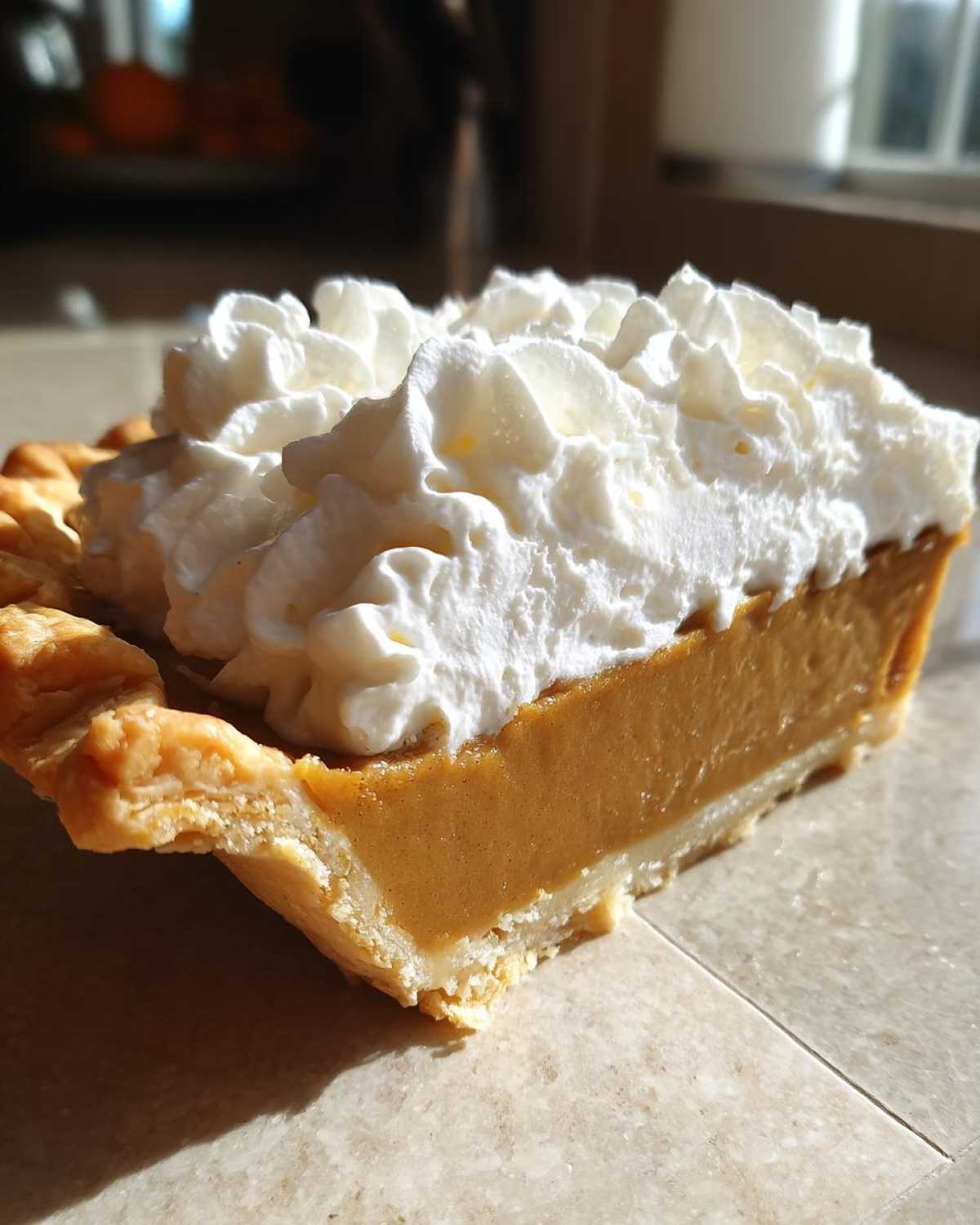A close-up slice of rich butterscotch pie topped high with fluffy whipped cream.