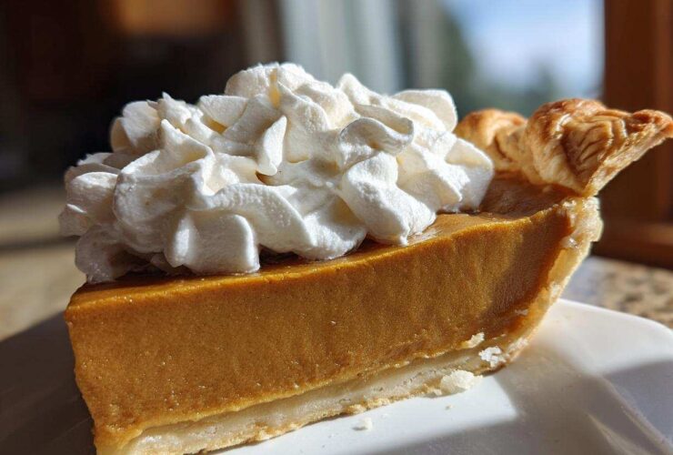 A close-up of a slice of rich, orange-colored butterscotch pie topped generously with whipped cream.