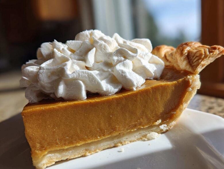 A close-up of a slice of rich, orange-colored butterscotch pie topped generously with whipped cream.