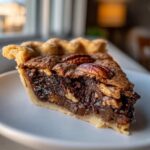 A close-up slice of rich chocolate pecan pie showing the gooey filling and flaky crust, topped with pecans.