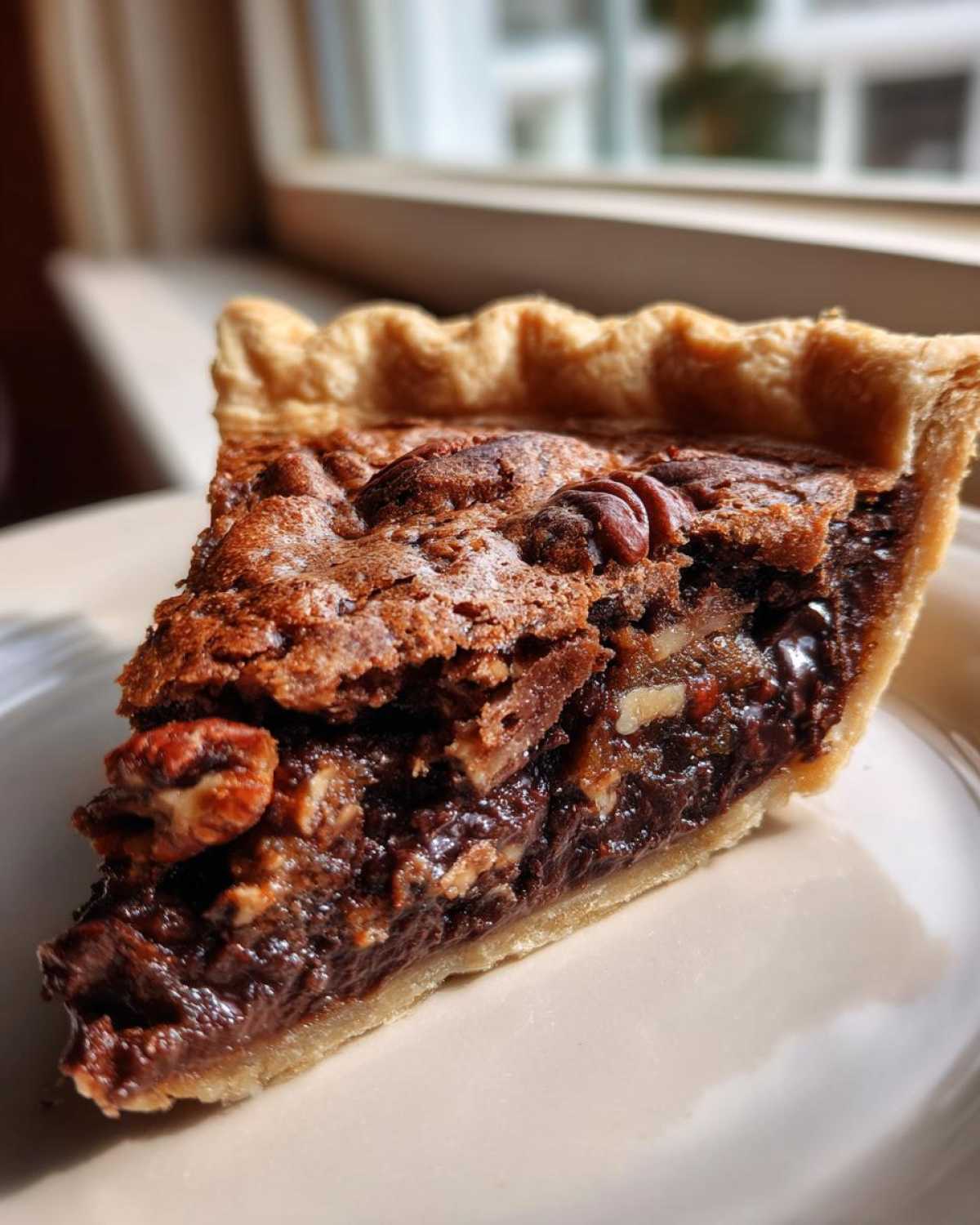 A close-up slice of rich chocolate pecan pie showing the gooey filling and pecans on a light plate.
