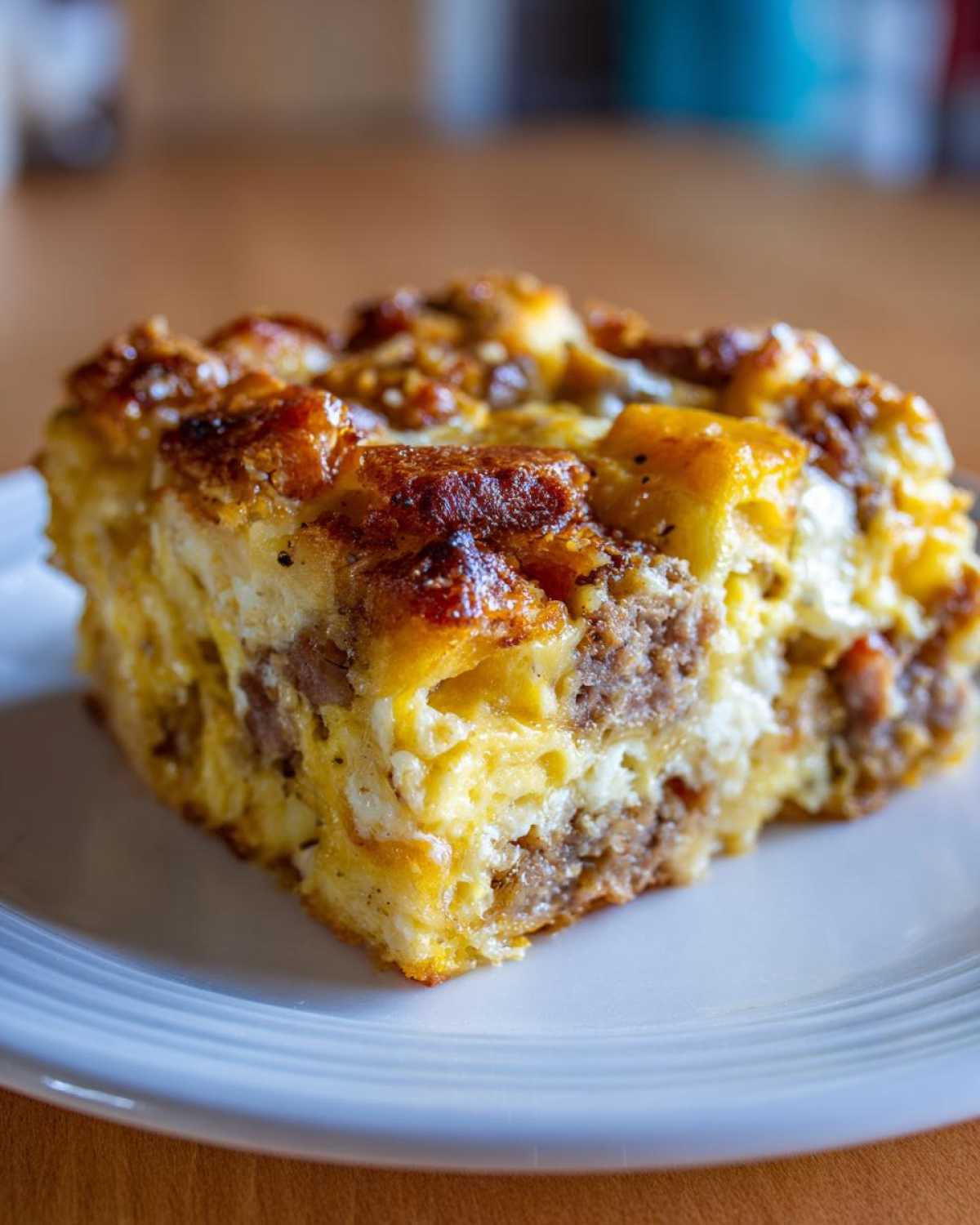 A close-up of a hearty slice of Christmas breakfast casserole with sausage, eggs, and browned top.