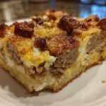 Close-up of a square slice of savory Christmas breakfast casserole featuring bread, egg, cheese, and browned sausage chunks.