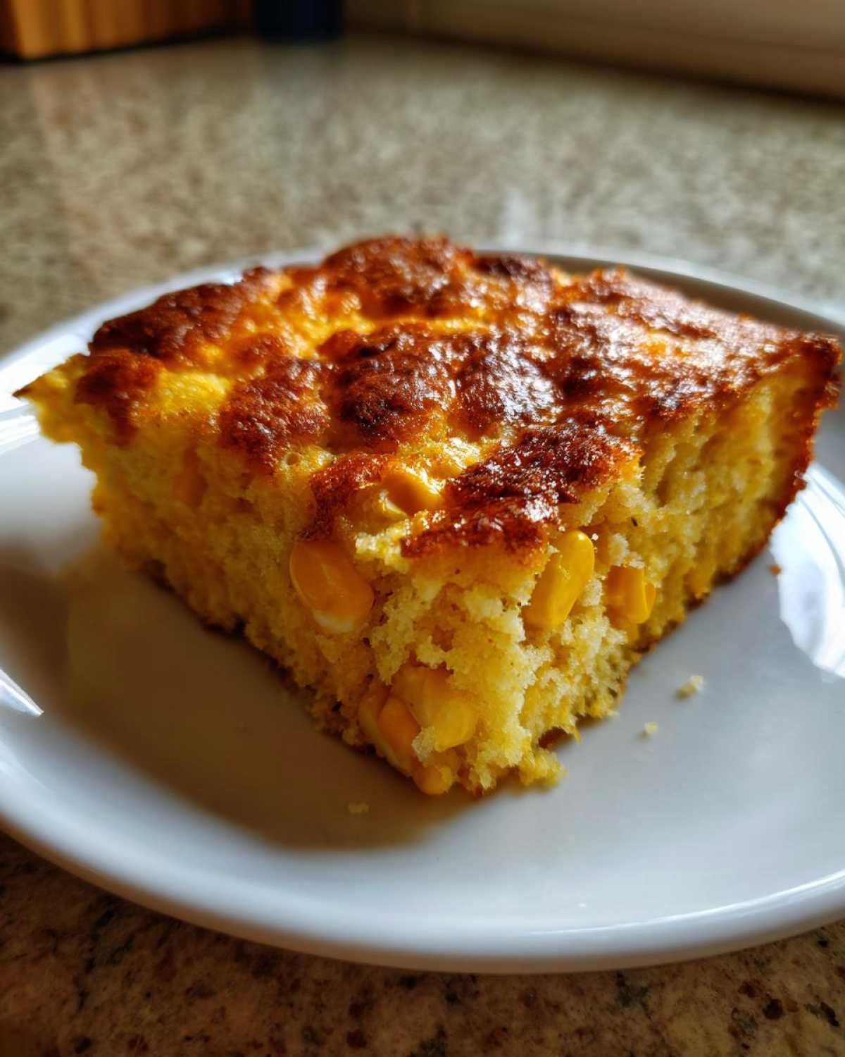 A square slice of moist cornbread casserole with whole corn kernels visible, served on a white plate.