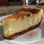 A perfect slice of creamy eggnog cheesecake recipe dusted with cinnamon on a white plate.