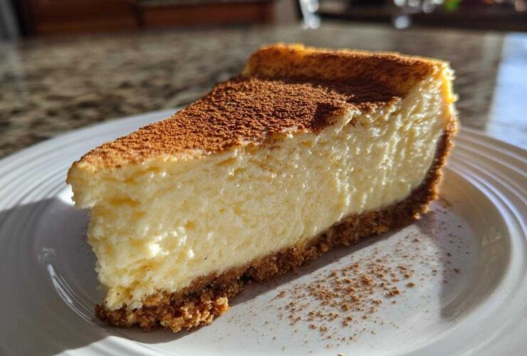 A perfect slice of creamy eggnog cheesecake recipe dusted with cinnamon on a white plate.