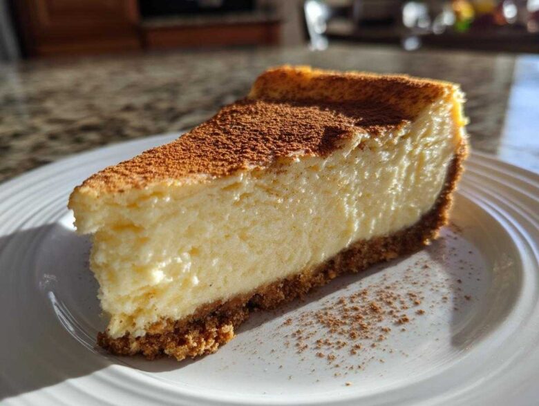 A perfect slice of creamy eggnog cheesecake recipe dusted with cinnamon on a white plate.