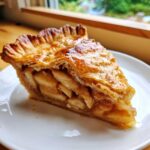 Close-up of a perfect slice of homemade apple pie showing flaky, glazed crust and thick apple filling.